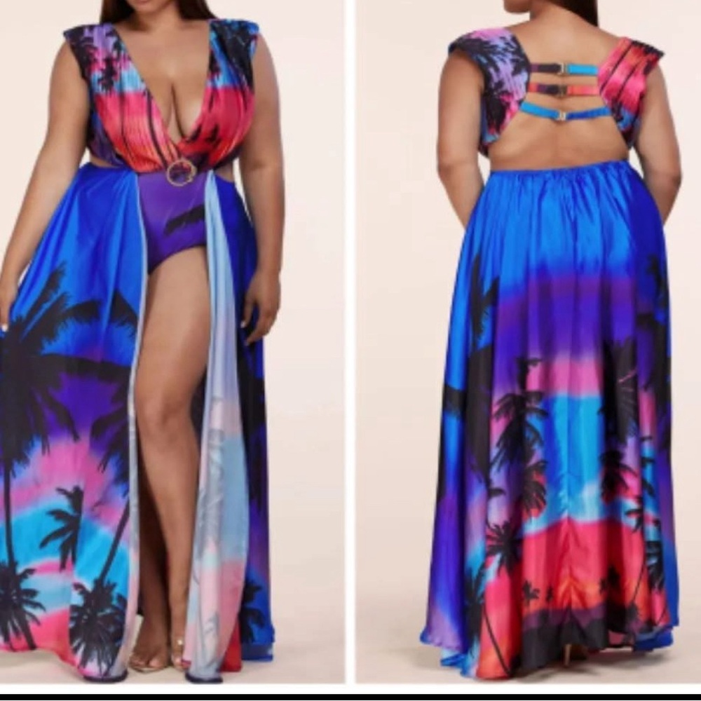 L'ATISTE Pink and Blue Maxi Sundress with Plunge Neckline
